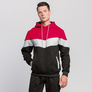 Men's tricolor patchwork hoodie in red, grey and black with a stylish V-shape pattern