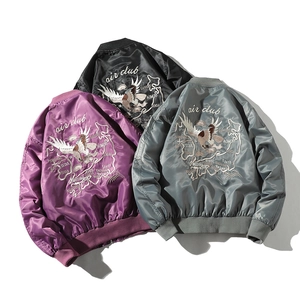 Embroidered MA1 flight jackets in purple, black and grey with detailed back graphics