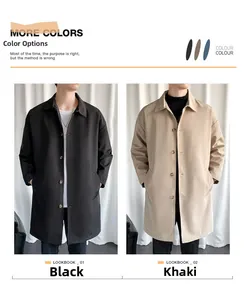 Detail view of men's mid-length trench coats in black and khaki with button closure
