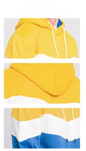 Detail view of tri-color hooded sweatshirt featuring yellow, white and blue stitching