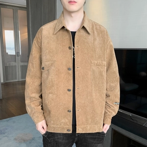 Mens khaki corduroy jacket with lapel collar and chest pockets for spring casual wear