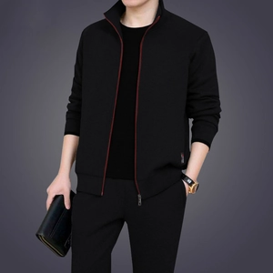 Men's casual black standing collar jacket with red piping and zipper detail