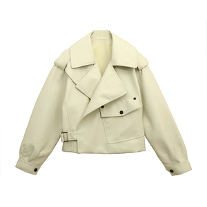 Chic off-white faux leather motorcycle jacket with lapel collar and metal buckle detail