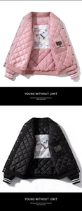 Detail view of quilted lining and NASA themed interior label on padded bomber jacket