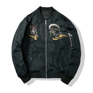 Black MA-1 bomber jacket with traditional Fujin and Raijin embroidery on the chest
