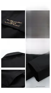 Detail view of black jacket featuring golden embroidery and premium resin buttons