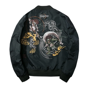 Black MA-1 bomber jacket with detailed oriental Raijin and Fujin back embroidery