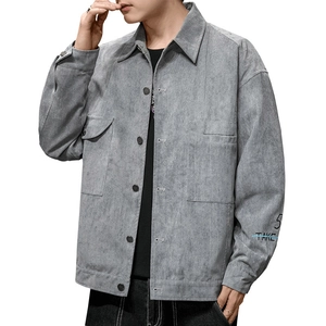 Men's grey corduroy jacket with lapel collar and casual button-up design for autumn
