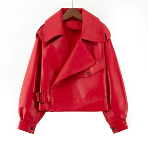 Short red PU leather biker jacket for women featuring wide lapels and loose street style