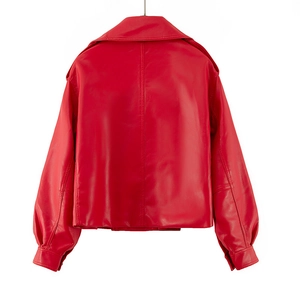 Rear view of a red faux leather short jacket with dropped shoulders and pleated cuffs