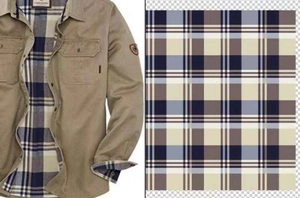 Detail view of khaki work jacket with plaid flannel lining and red sleeve patch embroidery