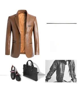 Dettaglio della giacca blazer in pelle PU marrone con design a due bottoni e revers