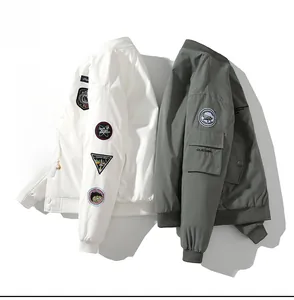 Close-up of bomber jacket with embroidered sleeve patches and ribbed windproof cuffs
