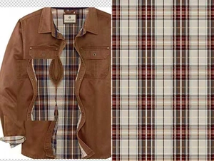 Detail view of brown biker jacket featuring a multicolor plaid lining and chest pocket
