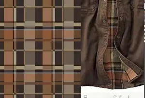 Macro view of heavy cotton motorcycle jacket featuring brown twill and plaid lining