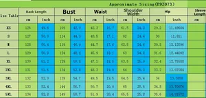 Tableau des tailles détaillé pour manteau d'hiver femme avec fourrure de XS à 5XL