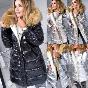 Women's slim fit glossy winter puffer coat with fur hood in black, gold and silver