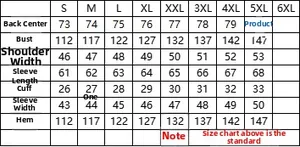 Detailed size chart for men's cotton jacket with measurements from S to 5XL