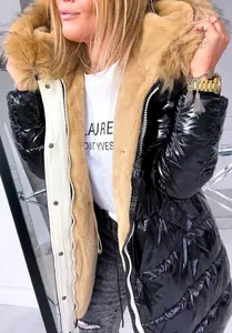 Women's glossy black winter padded coat with warm faux fur hood and zipper closure