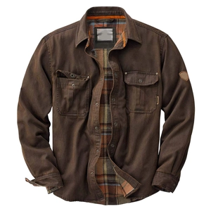 Men's heavy cotton canvas biker jacket in dark brown with vintage plaid lining