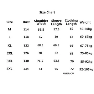 Detailed sizing chart for baseball jacket showing bust and length in CM for M to 4XL