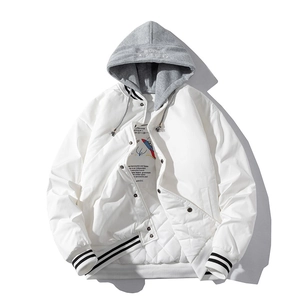 White baseball flight jacket with grey hoodie and quilted lining in a minimalist urban style