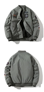 Front and back view of grey-green MA1 flight jacket with flight patches and quilted lining