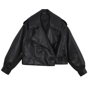 Chic 2024 black faux leather biker jacket with wide collar and waist belt detail