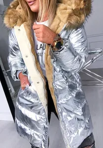 Women's slim fit shiny silver winter puffer coat with faux fur hood and warm lining