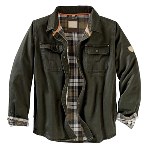 Heavyweight olive green cotton motorcycle jacket with brown plaid lining and chest pockets