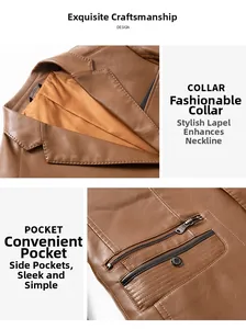 Dettaglio del colletto a rever della giacca in pelle marrone e tasche con zip e bottoni