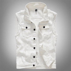 Gilet en jean blanc coupe ajustée pour hommes avec revers et détails usés aux bords