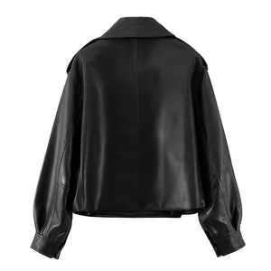 Back view of black leather jacket with lapel collar and center seam in a loose fit style