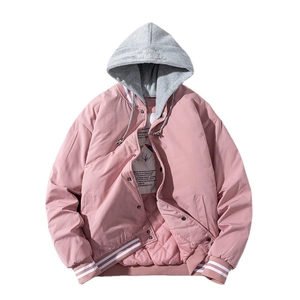Pink baseball jacket with grey hood and quilted lining, American streetwear style
