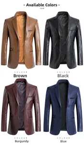Griglia dettagliata di blazer in pelle da uomo con opzioni nero, marrone, bordeaux e blu