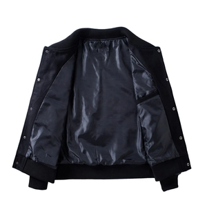 Classic black wool baseball jacket with satin lining and silver snap buttons flat lay