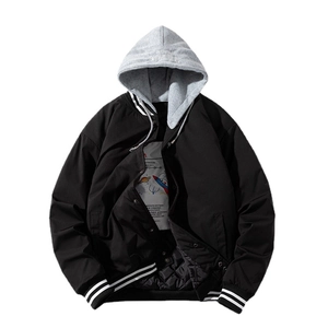 Men's hooded flight jacket in black and grey with varsity stripes and space theme details