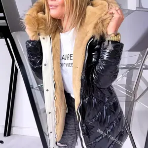 Slim fit black glossy puffer coat with brown faux fur hood and warm beige plush lining