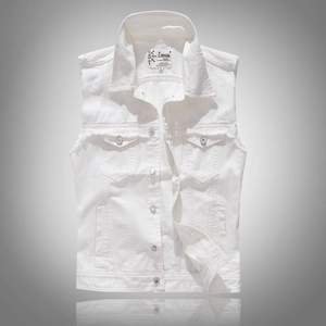 Men's slim fit white denim vest with distressed frayed edges and flap chest pockets