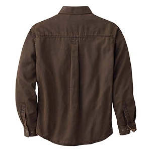 Back view of men's heavy cotton canvas biker jacket in dark brown with pleated back detail
