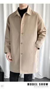 Model wearing a khaki mid-length trench coat with a lapel collar and button closure