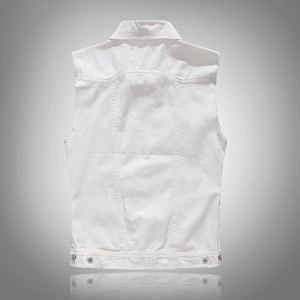Slim fit white denim vest for men featuring a classic back view with adjustable buckle detail