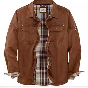 Brown heavy-duty cotton motorcycle jacket with vintage plaid lining and chest pockets