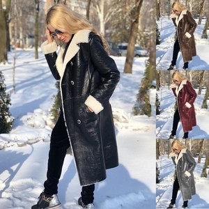 Manteau en Similicuir pour Femme Avec Col en Fausse Fourrure Double Boutonnage Mi-Long Veste d'Hiver Chaude