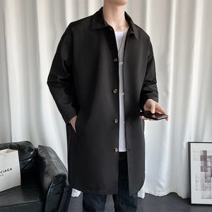 Men's classic black mid-length trench coat with lapel collar and button closure