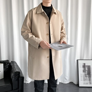 Men's khaki mid-length trench coat with lapel collar and single-breasted closure
