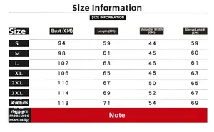 Detailed size information chart for black denim jacket with chest and length measurements
