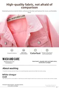 Close-up of pink denim jacket fabric with detailed care instructions and material features