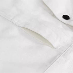 Slim fit white denim vest for men featuring twill texture and contrast black button