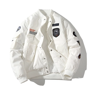 White MA1 bomber jacket with vintage embroidery patches and thick quilted lining